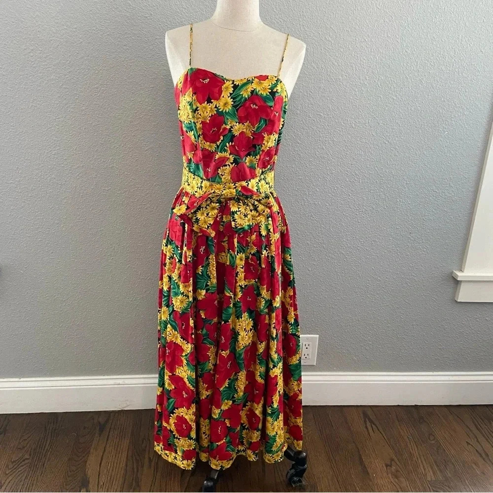 Vintage Antonia‎ Collection Sunflower Midi Dress Size 8 Belt with bow